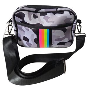 Haute Shore Neoprene Drew Camo Compact Crossbody With Stripes Adjustable Strap